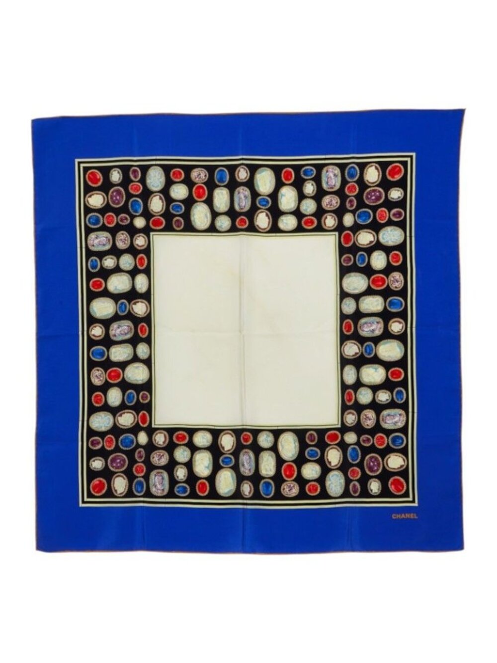 Chanel Gripoix Cabochon Pattern Scarf Large Blue White Multicolor